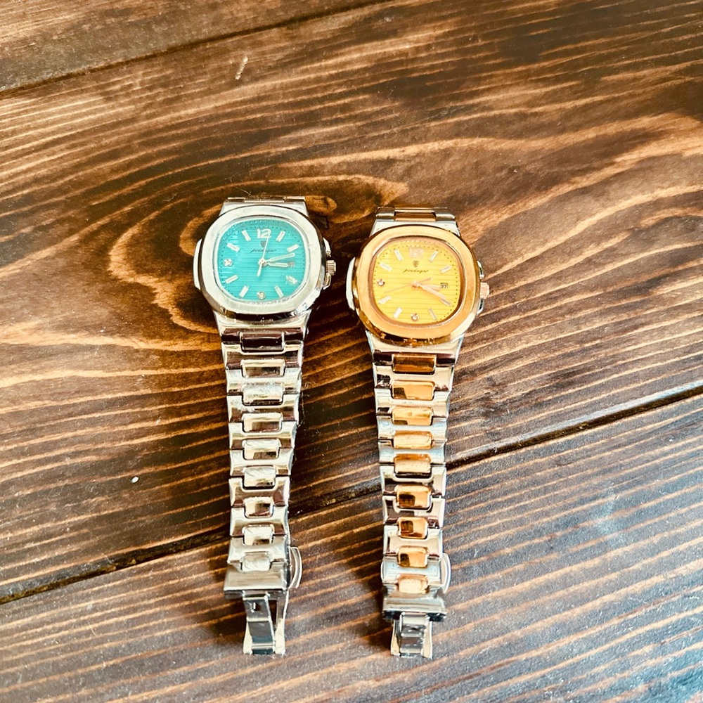Silver and Gold Tone Watches with blue and yellow  Dials